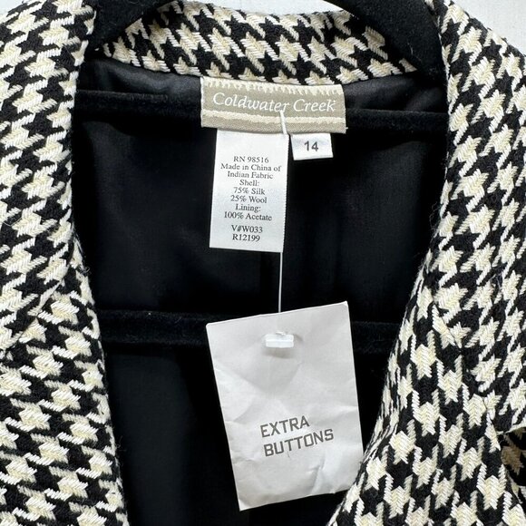 Coldwater Creek Overcoat Womens 14 Silk Wool Fully Lined Houndstooth Black White - Picture 11 of 11